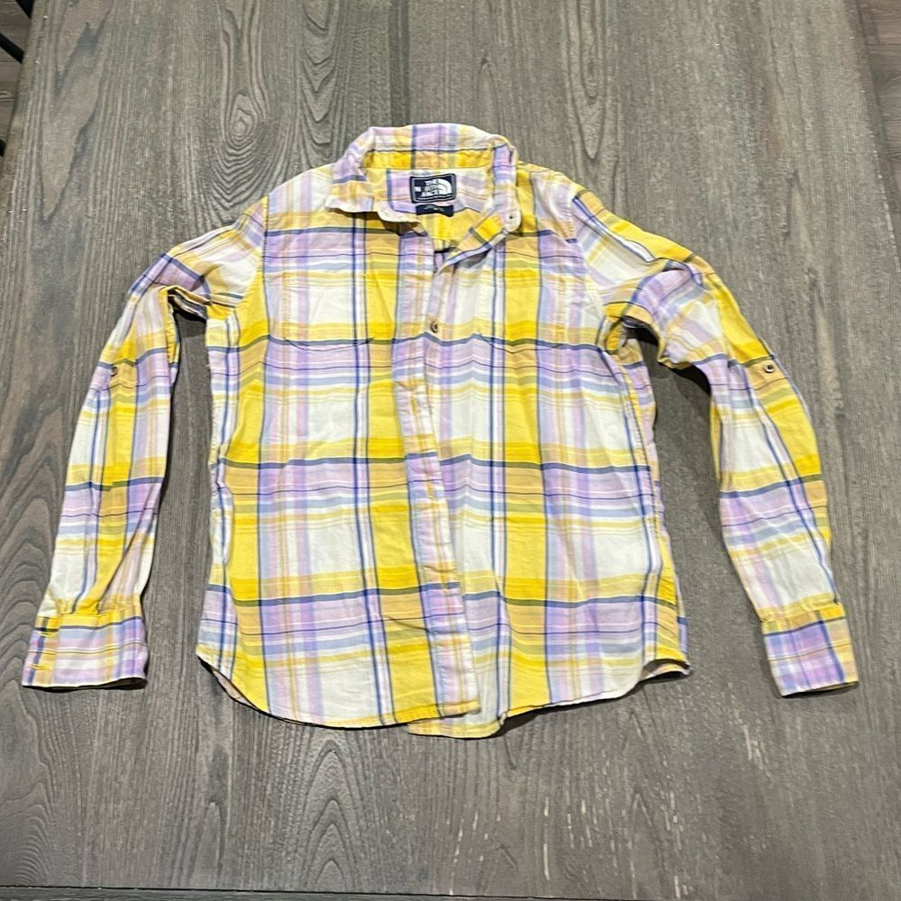 The North Face Button Front Top Long Sleeve Collared Plaid Yellow Pink Size M